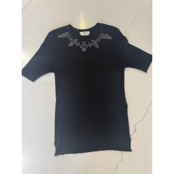 FENDI black Silk Short Sleeve Shirt With Leather Embellishment - Picture 3 of 16